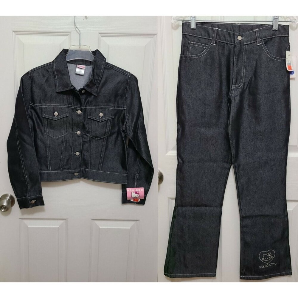 NEW Vintage 2001 Sanrio Hello Kitty Black Denim Outfit Jacket/Pants Girls Size L